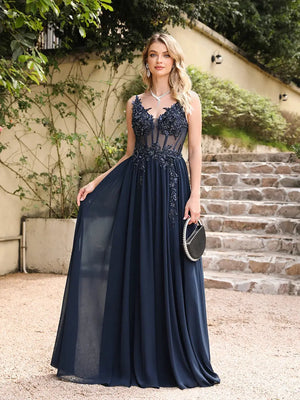 Spaghetti Straps Navy Blue A Line Evening Dresses 2025 Elegant Beaded Appliques Illusion Prom Gowns Formal Party Vestido De Gala Good Vibrations