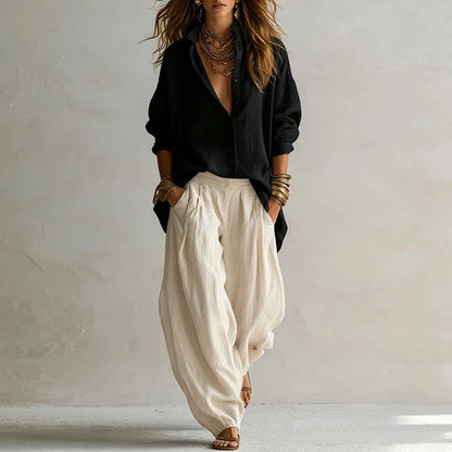 Vintage Two Piece Sets Women Loose Turn Down Collar Blouse High Waist Pocket Wide Leg Trousers Outfits Casual Travel Beach Suits Good Vibrations