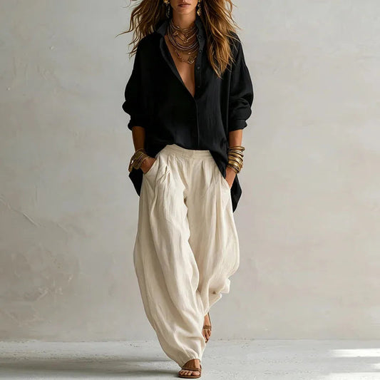 Vintage Two Piece Sets Women Loose Turn Down Collar Blouse High Waist Pocket Wide Leg Trousers Outfits Casual Travel Beach Suits Good Vibrations