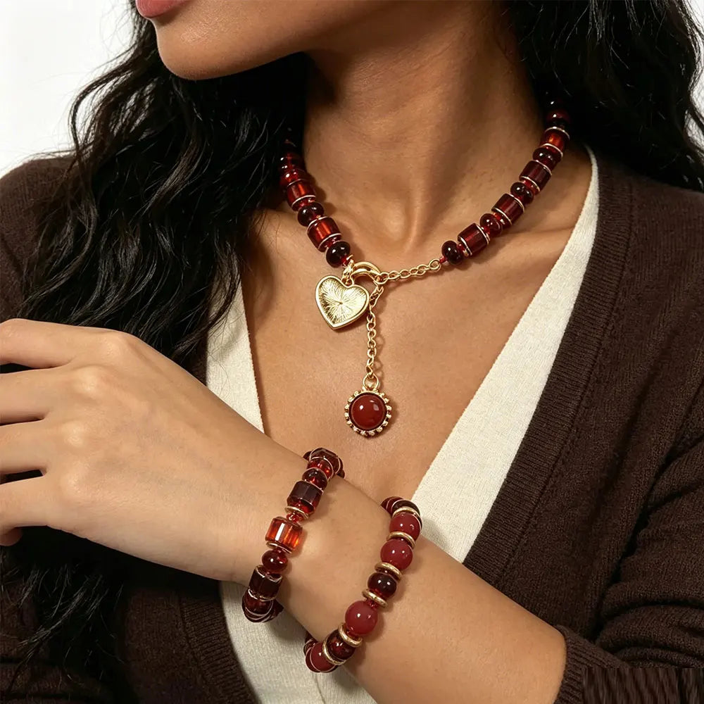Women's Amber Tone Beaded Jewelry Set with Gold Tone Charms - Statement Necklace And Stackable Bracelets for Everyday Use Good Vibrations