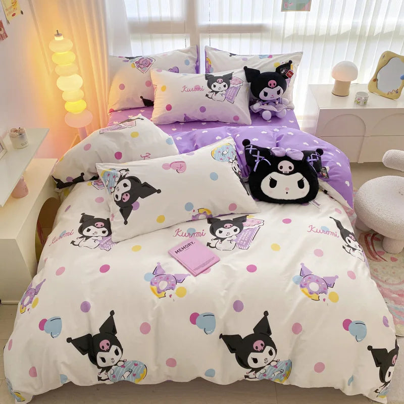Sanrio 100% Cotton Bedding Set Cute Hello Kitty Kuromi Melody King Queen Pillowcase Bed Linens Girl Dorm Bedclothes Home Textile Good Vibrations