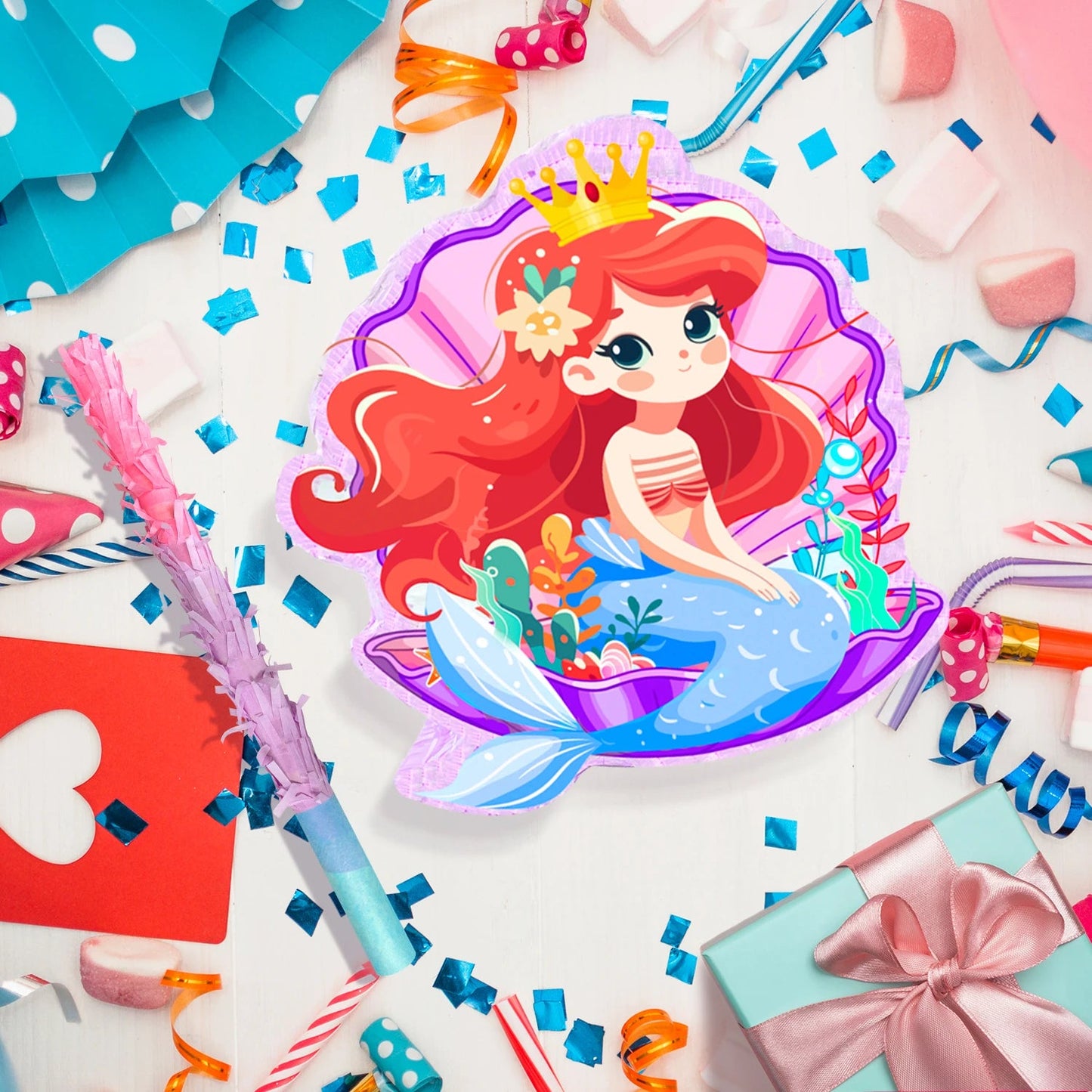 Mermaid Piñata,13.6'' Mermaid Party Pinata Set-Mermaid Piñata Large Blindfold Stick etc Mermaid Birthday Party Supplies for Kids Good Vibrations