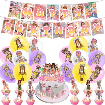 4Pcs Game Roblox Birthday Party Decorations Flag Banners Cake Toppers Balloons Spiral Pendants Invitation Cards Decorative Items Good Vibrations