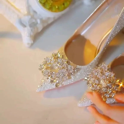 Womens High Heel Shoes Fad Elegant Crystal Pointed Toe Pumps Retro Shallow Mouth Banquet Party Wedding Women Shoes Zapatos Mujer Good Vibrations