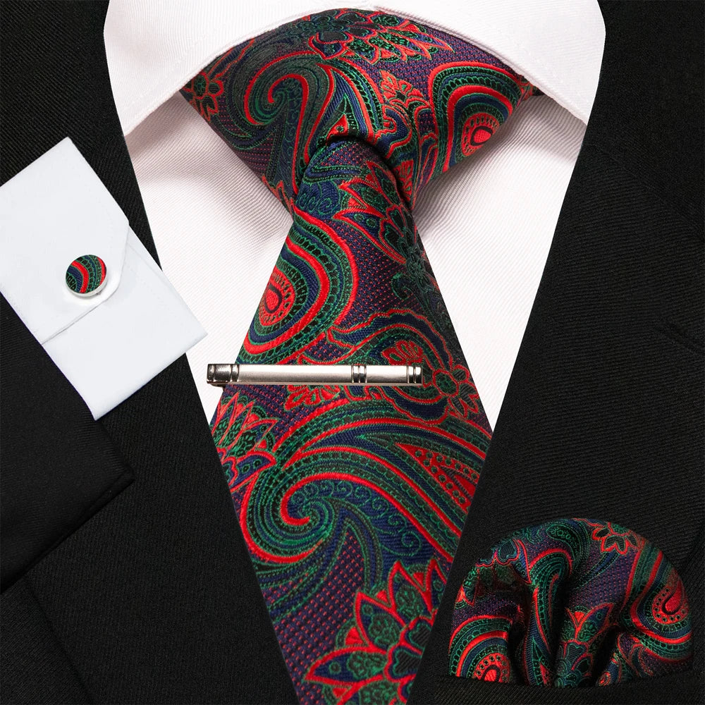 8cm Silk Mens Ties Green Black Ties plaid stripe NeckTie Pocket Square Cufflinks Tie clips Set Men's Wedding business Party Tie Good Vibrations