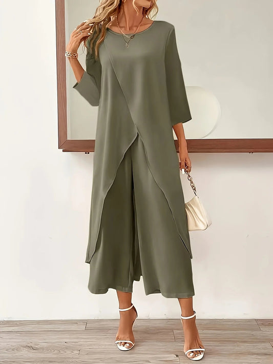 Women's Plus Size Solid Color Two-Piece Set, Casual Round Neck Long Sleeved Slit Top and Solid Color Wide Leg Pants Set Good Vibrations