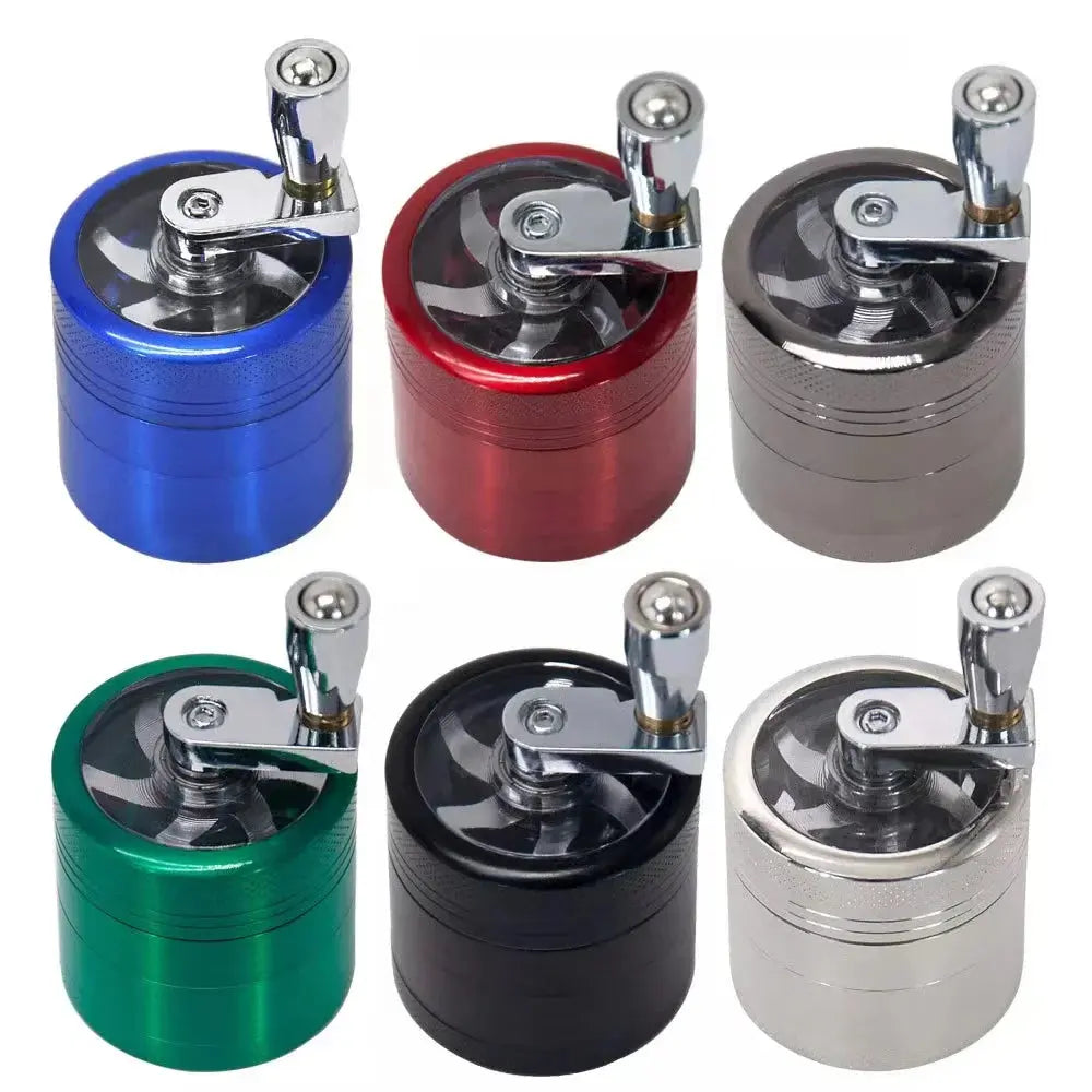 4-layer zinc alloy herbal grinder in blue, red, silver, green, black, and white with manual crank handle.