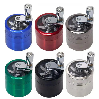 4-layer zinc alloy herbal grinder in blue, red, silver, green, black, and white with manual crank handle.