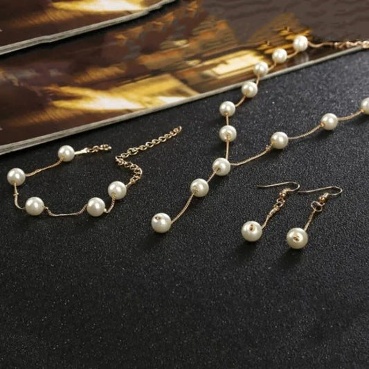4pcs Gold-color Necklace Earring Bracelet Set Ladies Elegant Imitation-Pearls Collection Temperament Tassel Jewelry Good Vibrations Adult Super Store