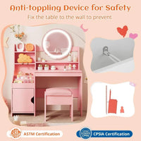 Kids Vanity with Lights, Princess Makeup Vanity Desk with Open Bookshelf, Storage Cabinet & Shelves, Toddler Vanity Tabl Good Vibrations