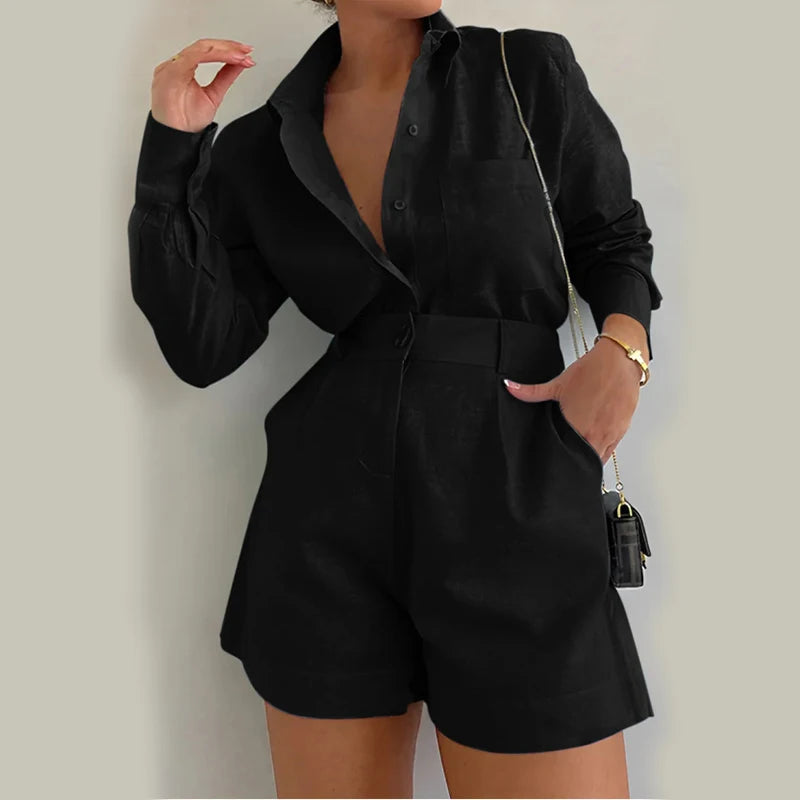 2026 New Short Sets Women Shirts Long Sleeve Cotton Linen Loose Blouse High Waist Shorts Suit Summer 2 Piece Sets Womens Outfits Good Vibrations