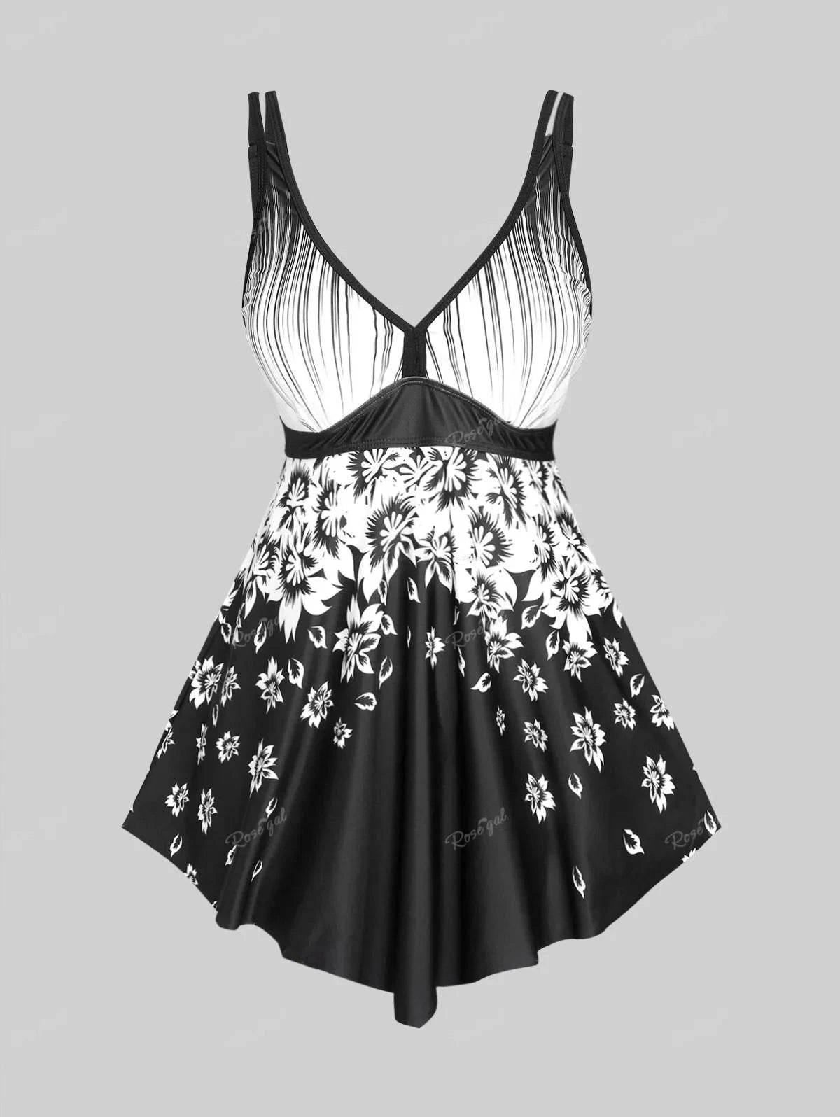 Rosegal plus Size Women's Stripes Flower Printed Backless Padded Modest Tankini Swimsuit Good Vibrations