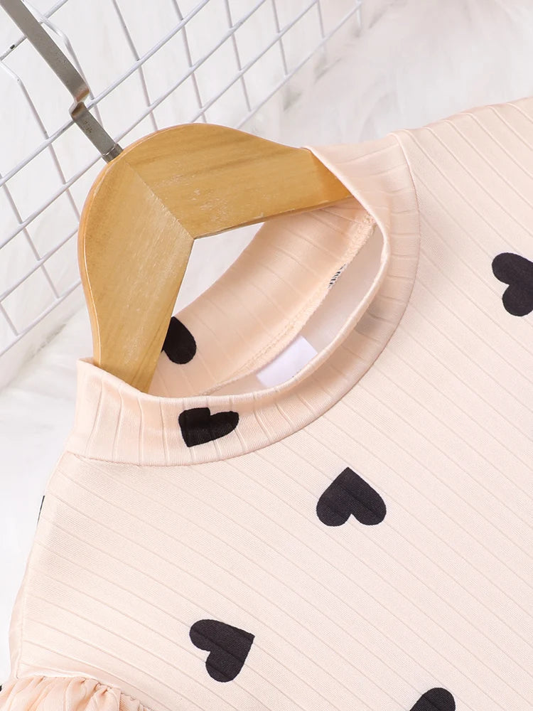 Autumn And Winter Girls Big Children Girls Daily Casual Sweet And Cute Love Printed High Neck Knitted Lantern Sleeve Dress Good Vibrations