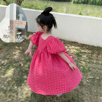 Bear Leader Rose Pink Plaid Bow Dress Elegant Lolita Child Big Girls Midi Dress Children Dresses Teens Party Princess Sundress Good Vibrations