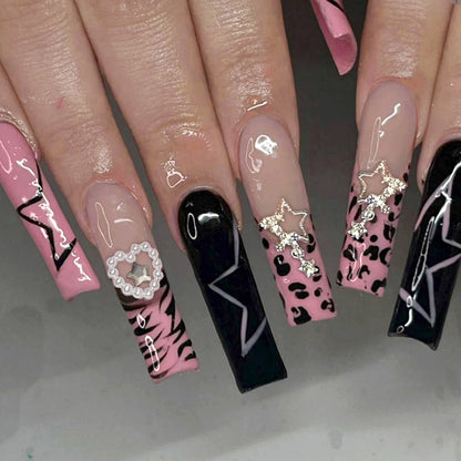 Rose Pink Long Coffin Fake Nails French Style Leopard Star Printed Press on Nails Y2K Girls Charms Manicure Black False Nails Good Vibrations