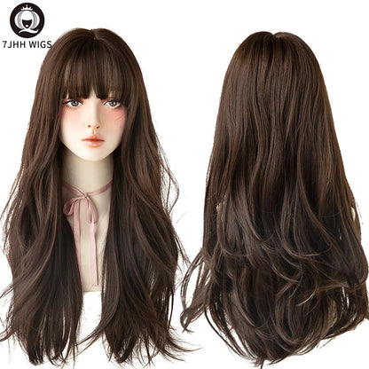 7JHHWIGS Long Wavy Synthetic Black Wigs For Women With Fringe Fashion Heat Resistant Mid-Length Daily Straight Light Brown Hair Good Vibrations