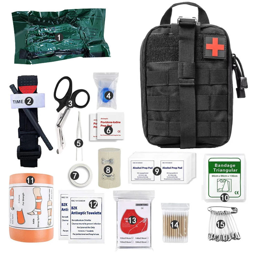 15PCS Survival First Aid Kit Survival Full Set Outdoor Gear Emergency Kits Trauma Bag Camping Hiking Adventures Good Vibrations