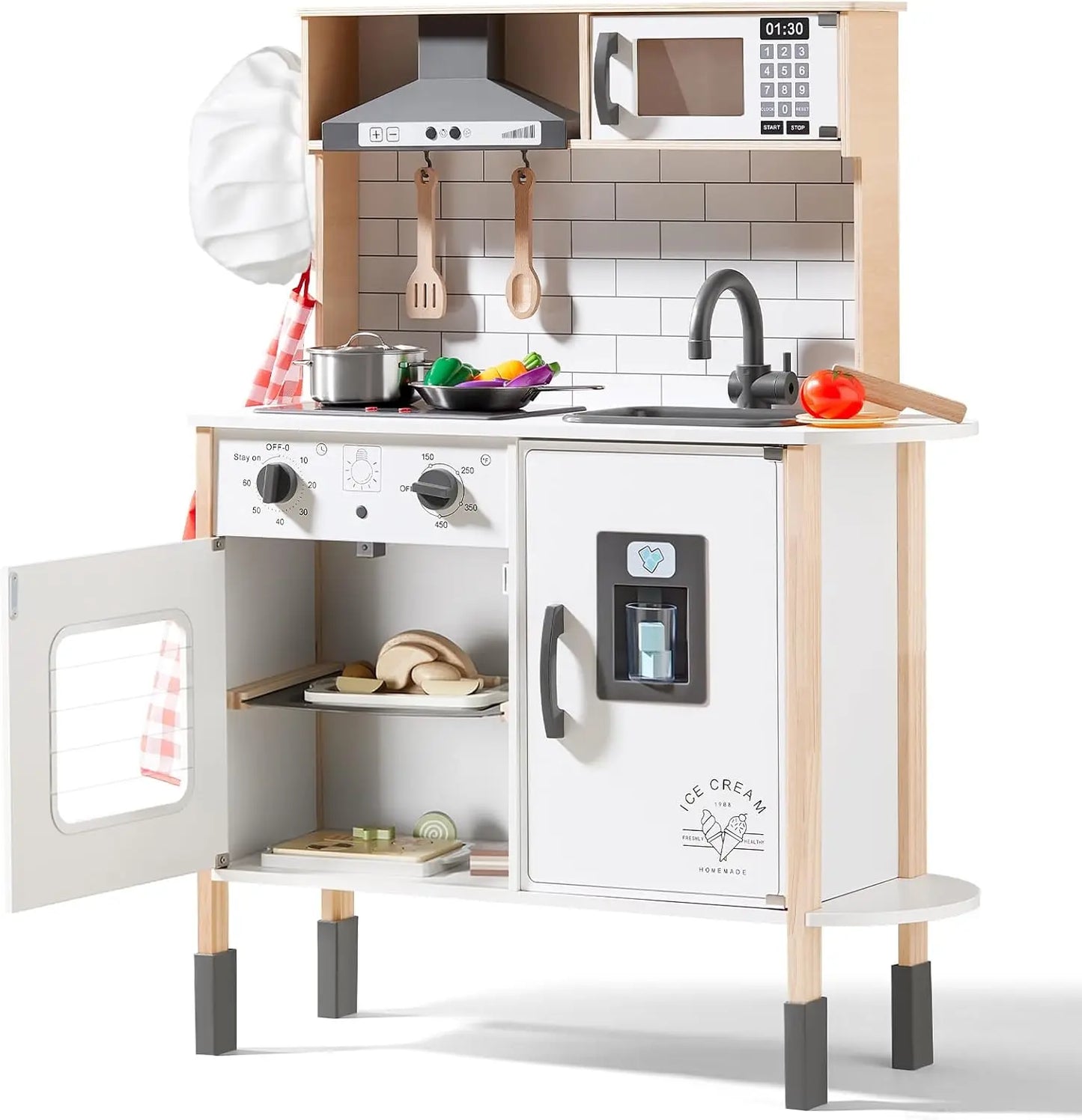 Play Kitchen for Kids, Wooden Kids Play Kitchen Playset Chef Pretend Play Set for Toddlers with Real Lights & Sounds, Toys Kitch Good Vibrations