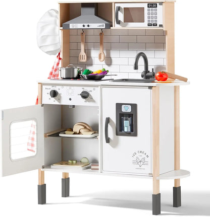 Play Kitchen for Kids, Wooden Kids Play Kitchen Playset Chef Pretend Play Set for Toddlers with Real Lights & Sounds, Toys Kitch Good Vibrations