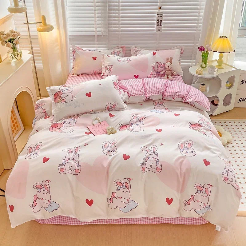 Cartoon Style Bed Sheet Set For Kids Cute Bunny Printed Bedding Set Breathable Durable постельное белье 이불세트 Queen/King Bedding Good Vibrations