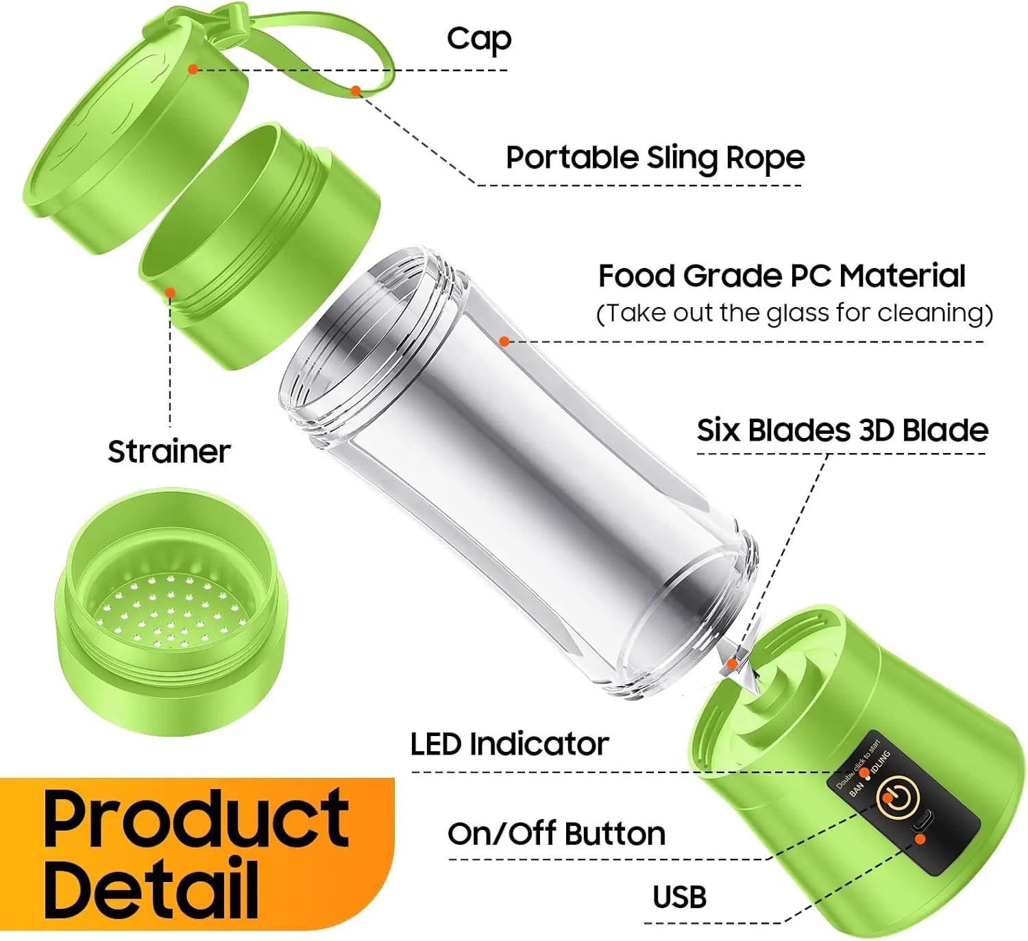New Mini Portable Blender Bottle USB 6 Blades Fruit Fresh Juicer Smoothies Mixer Machine Crusher Food Processor for Kitchen Good Vibrations