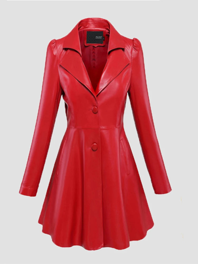 Nerazzurri Autumn Black Red Faux Leather Coat Blazer Women Notched Collar Puff Sleeve Skirted Luxury Elegant Chic Clothes 2023 - Good Vibrations