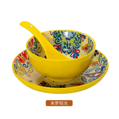 Ceramic Tableware Set Three-Piece Household Rice Bowl Plate Spoon Set Restaurant Hot Pot Barbecue Shop Commercial Good Vibrations