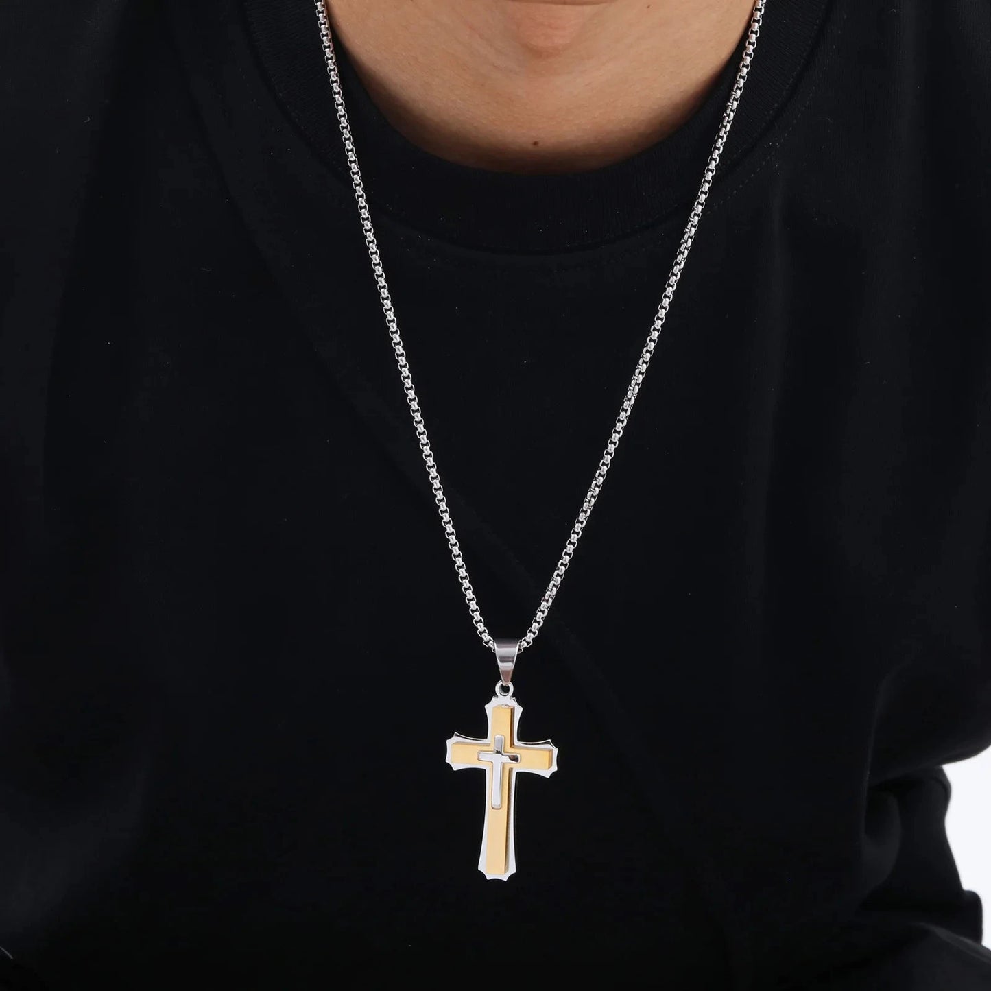3D Cross Pendant Necklaces for Men Boys,Black Gold Color Stainless Steel Cross Necklace,Hiphop Punk Party Gift Good Vibrations