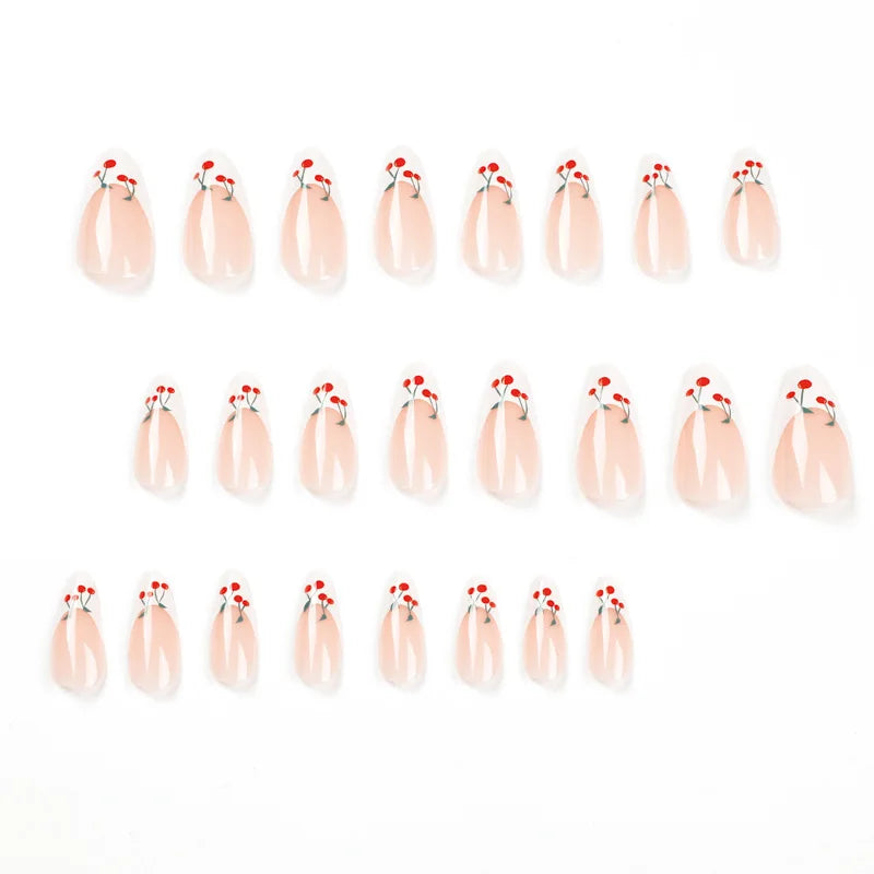 24Pcs Detachable Acrylic False Nails Press On Nail Cute Cherry French Almond Wearable Artificial Fake Nails Full Cover Nail Tips Good Vibrations