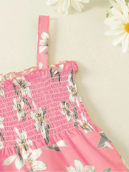 Summer fresh casual children's clothing, girls' pink lily print suspender, waist cinched wide leg pants, jumpsuit Good Vibrations