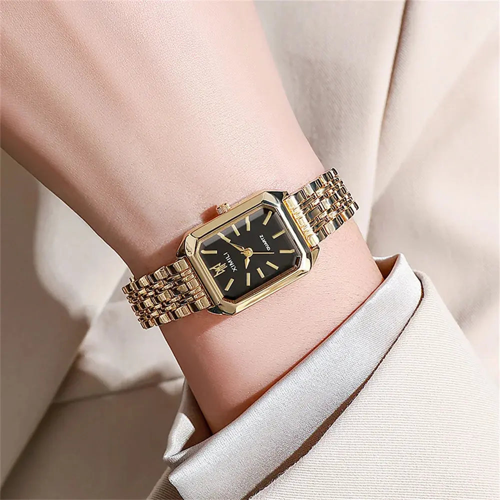 Luxury Ladies Fashion Quartz Watch Simple Scale Square Quality Gold Plated Women Watches Business Stainless Steel Folding Clock Good Vibrations