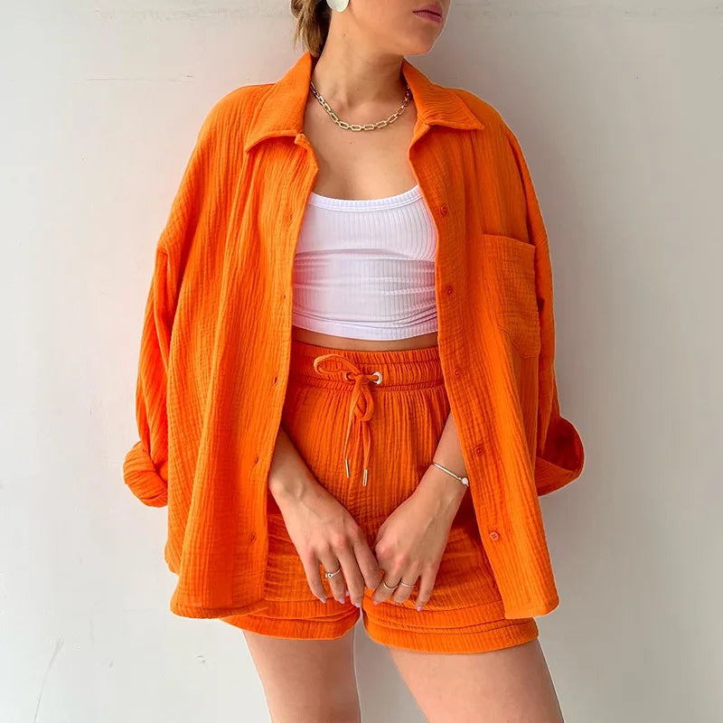 Solid Color Casual Loose Short Pants Sets For Women 2025 Elegant Summer Women's Two Pieces Suit Full Set Female Outfit Clothes Good Vibrations