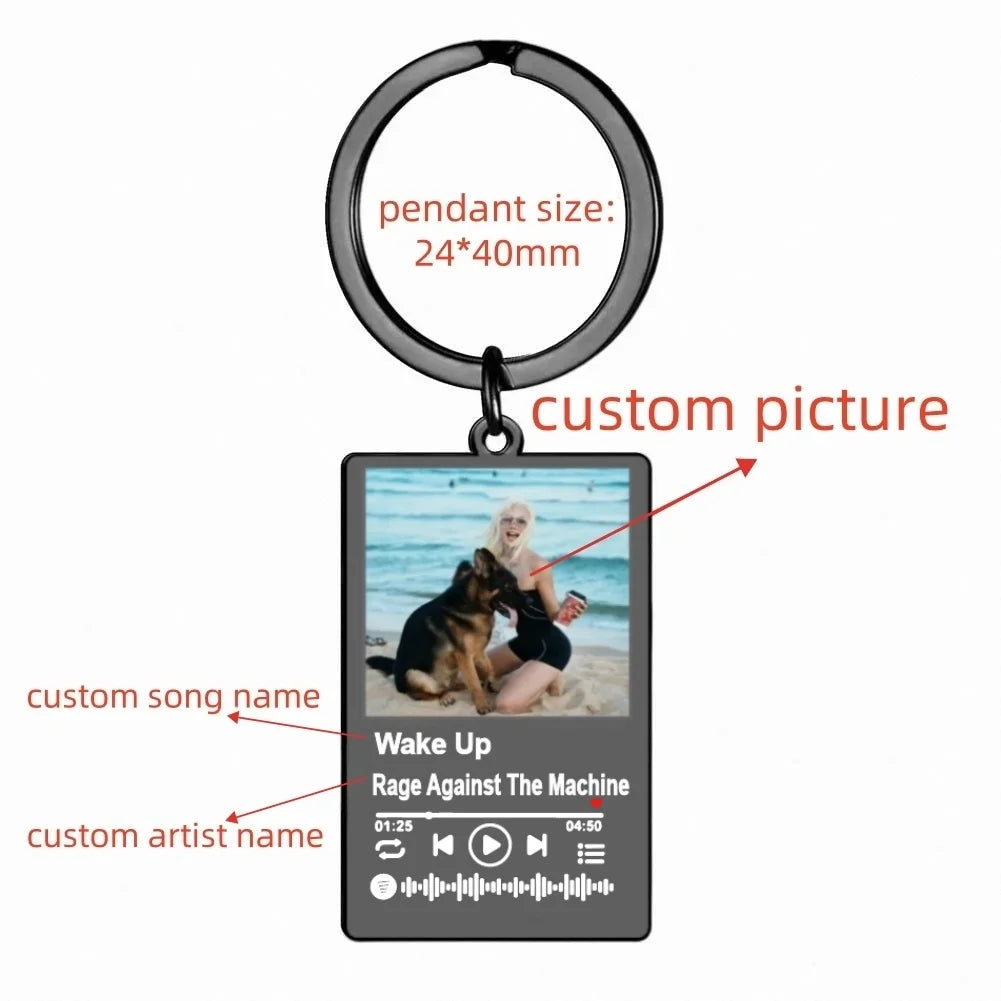 Jeshayuan Custom Picture Keychain Customized Music Song Key Ring Stainless Steel Personalized Photo Keychains Gifts for Lover Good Vibrations