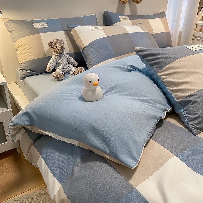European Bedding Set with Checkered Print Comfortable Breathable Fitted Sheet Duvet Cover Pillowcase Single Queen Size Bed Linen Good Vibrations