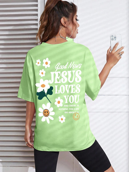 Good News Jesus Loves You Print Women T-Shirt Summer O-Neck T Shirts Basic All-Match Short Sleeve Breathable Comfortable Tops Good Vibrations
