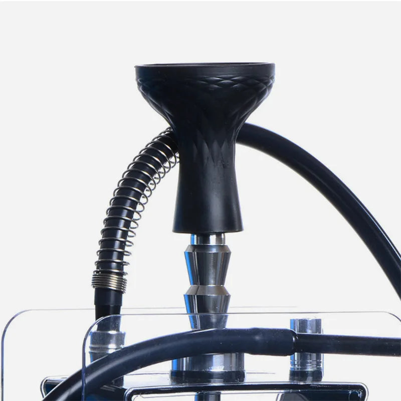 Arabic hookah with acrylic inverted triangle design, features plastic components and hoses.