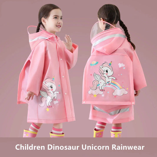 Cute Kids Raincoat Wateproof Children Dinosaur Unicorn Rain Poncho Rain Coat Jacket With Backpack Position Student RainWear Good Vibrations