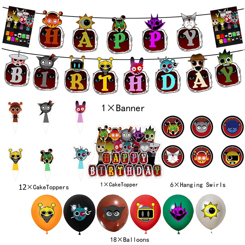 Incredibox sprunki Birthday Party Decorations Cake Topper Balloons Tablecloth Cups Plates Kids Birthday Party Supplies Good Vibrations