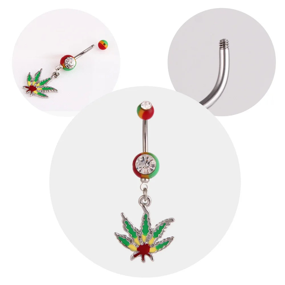 1PC Green Maple Leaf Belly Navel Ring Leaves Weed Dangle Belly Button Piercing Jewelry Surgical Steel Barbell Botton Piercing Good Vibrations Adult Super Store