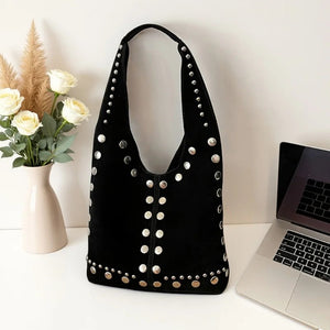 Women's Shoulder Bag in Vintage Suede with Rivet Decoration Randomly Placed Rivets and Unique Tailoring Good Vibrations