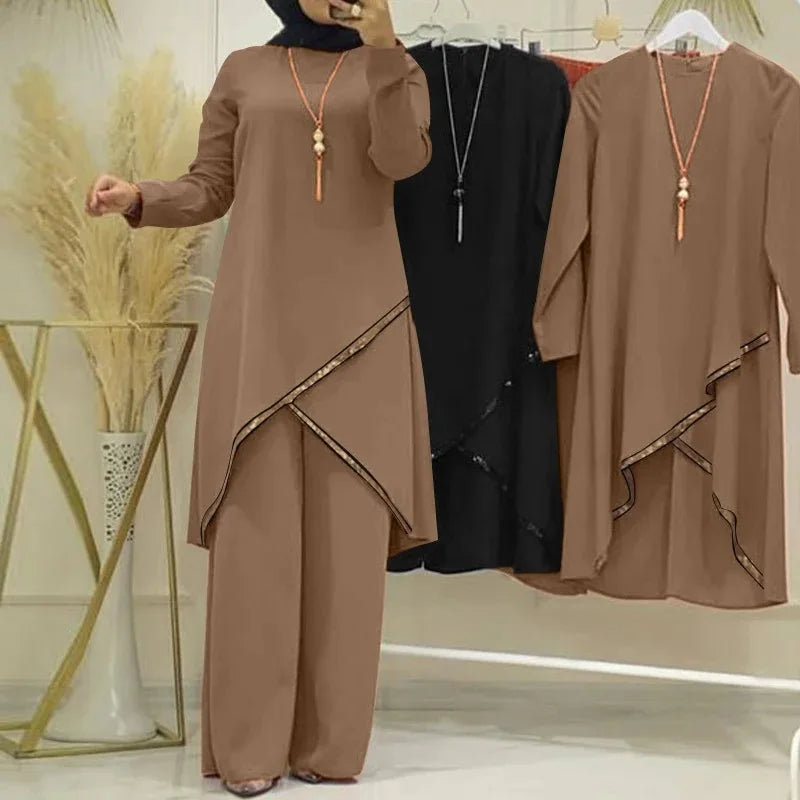Women Eid Musulman Ensemble Muslim Sets Solid Blouses Wide Leg Pants Ramadan Morocco Two Pieces Dubai Kaftan Loose Modest Good Vibrations
