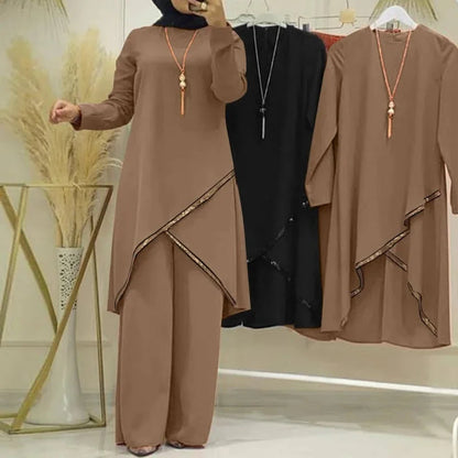 Women Eid Musulman Ensemble Muslim Sets Solid Blouses Wide Leg Pants Ramadan Morocco Two Pieces Dubai Kaftan Loose Modest Good Vibrations