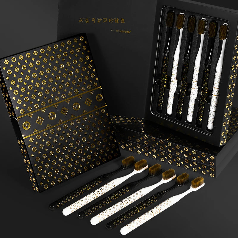 [6-Pcs Gift Boxes] New high-looking black gold printed small head household couple travel soft-bristle toothbrush Good Vibrations