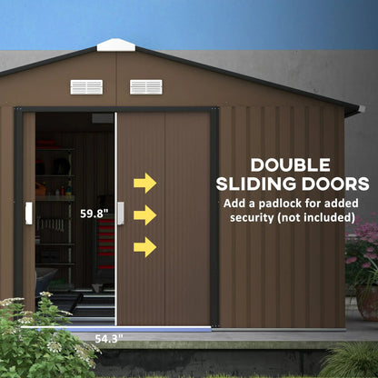 Metal Garden Shed Brown Storage Utility Double Locking Doors for Bike Yard Tools Good Vibrations
