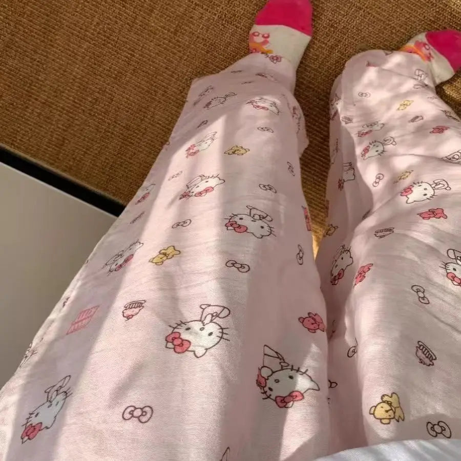 Sanrio Hello Kitty Pure Pajama Pants Wide Kawaii KT Cat Leg Pants Y2K Summer Thin High Waist Casual Trousers Birthday Gifts Good Vibrations
