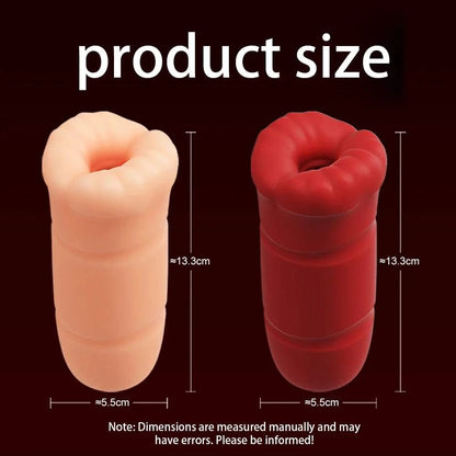 Men's vibrator with automatic tongue licking feature, designed as a pocket pussy for oral simulation, shown in two sizes.