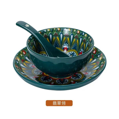 Ceramic Tableware Set Three-Piece Household Rice Bowl Plate Spoon Set Restaurant Hot Pot Barbecue Shop Commercial Good Vibrations