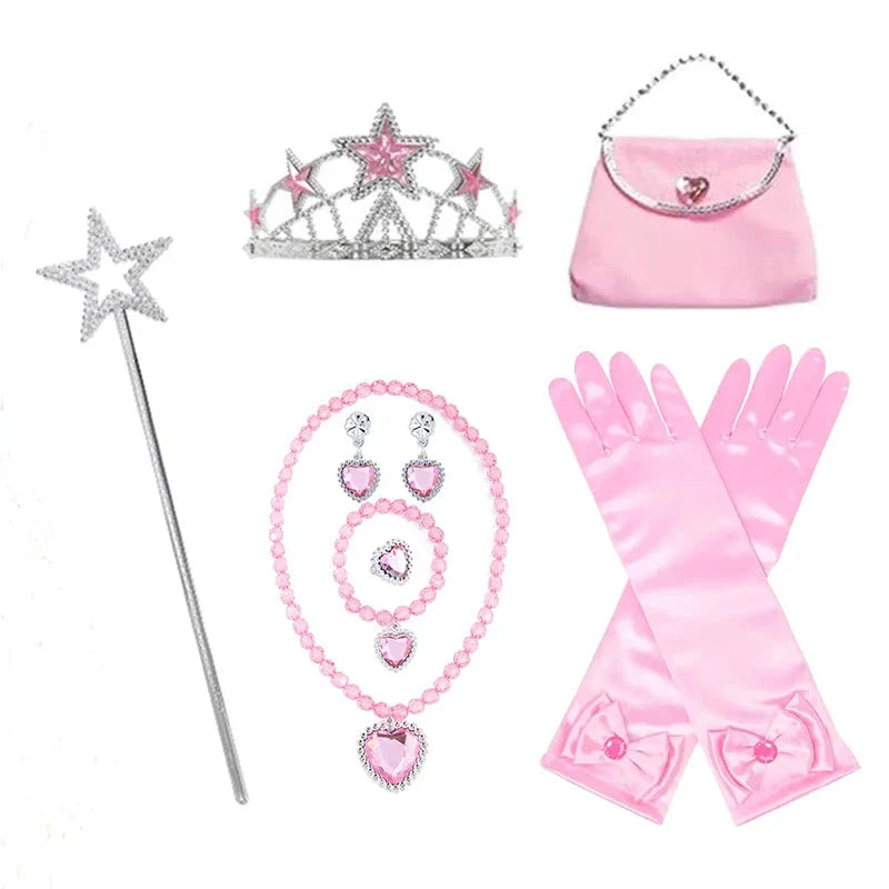 Halloween Pink Princess cosplay set for girls with crown, wand, necklace, bag, and gloves