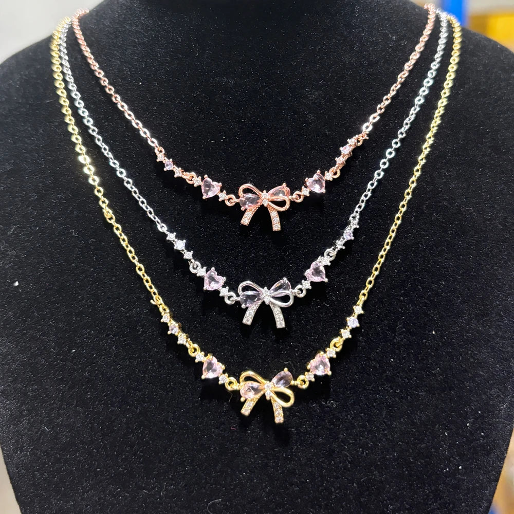 Y2K Exquisite Sweet Pink Zircon Bowknot Love Heart Chain Bracelet For Women Girls Party Birthday Jewelry Gift Good Vibrations Adult Super Store