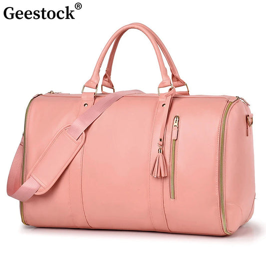 Geestock 2IN 1 Garment Duffel Bag for Travel Folding Suit Storage Bag Waterproof PU Travel Tote Bags Large Capacity Weekend Bag Good Vibrations